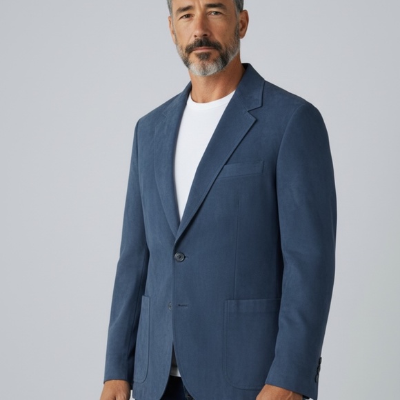 Halston Vintage 80's Ultra Suede Sapphire Blue Mod Blazer Jacket Men's Size L - Picture 2 of 5